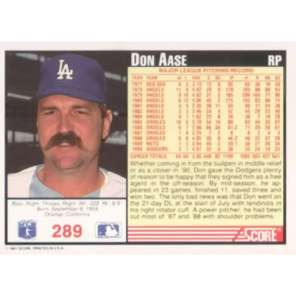 1991 Score #289 Don Aase NM-MT Los Angeles Dodgers Baseball Card - Baseball Card Single