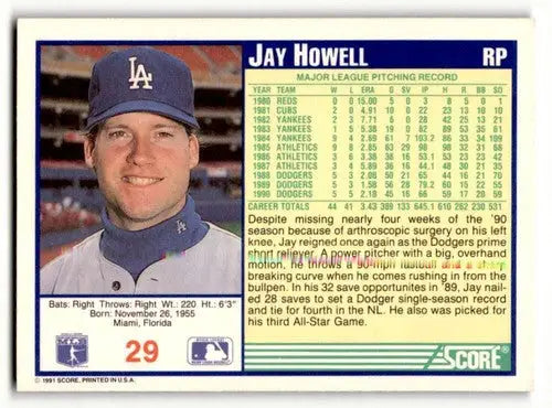 1991 Score #29 Jay Howell Los Angeles Dodgers Baseball Cards EX/NM ID:55143 - Baseball Card Single