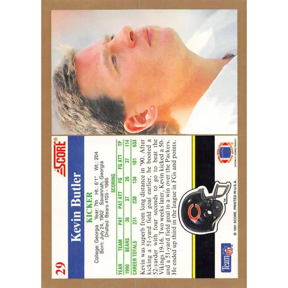 1991 Score #29 Kevin Butler EX Excellent Chicago Bears Football Card - Football Card Single