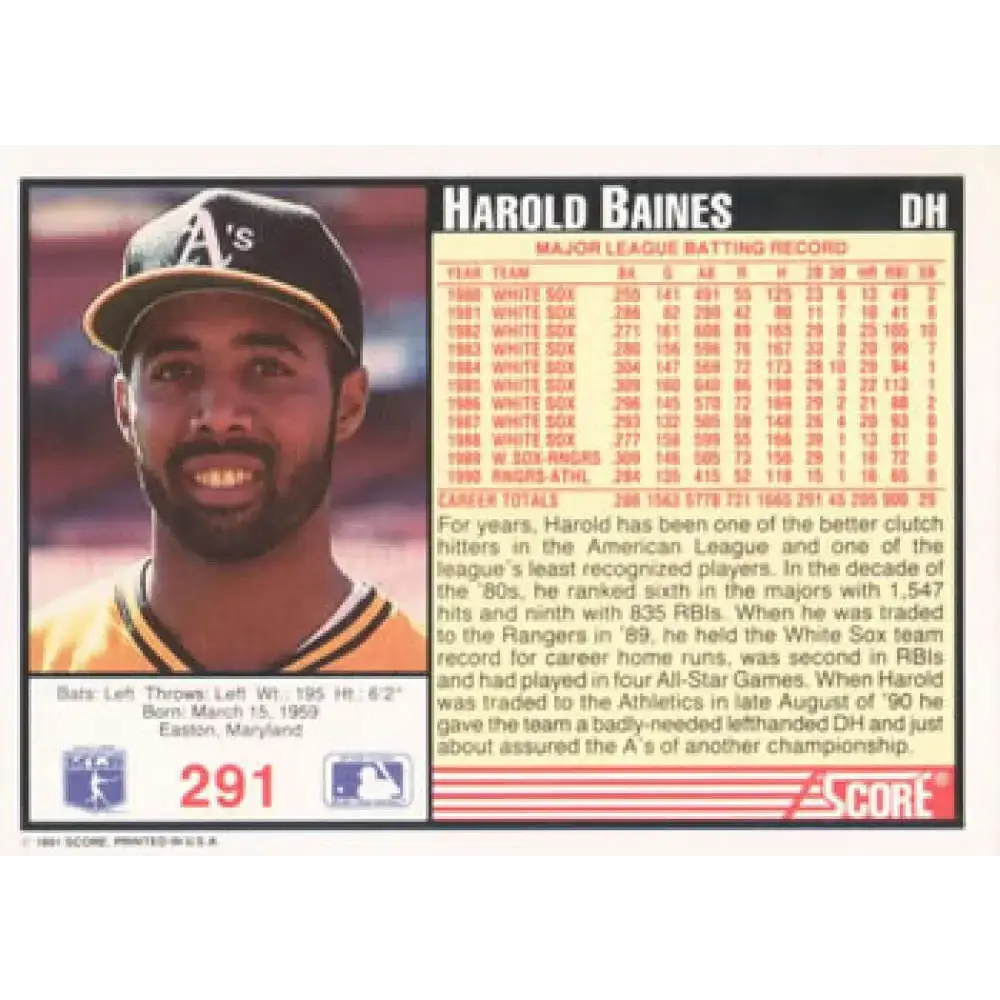 1991 Score #291 Harold Baines NM-MT Oakland Athletics Baseball Card - Baseball Card Single