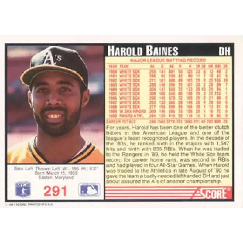 1991 Score #291 Harold Baines NM-MT Oakland Athletics Baseball Card - Baseball Card Single