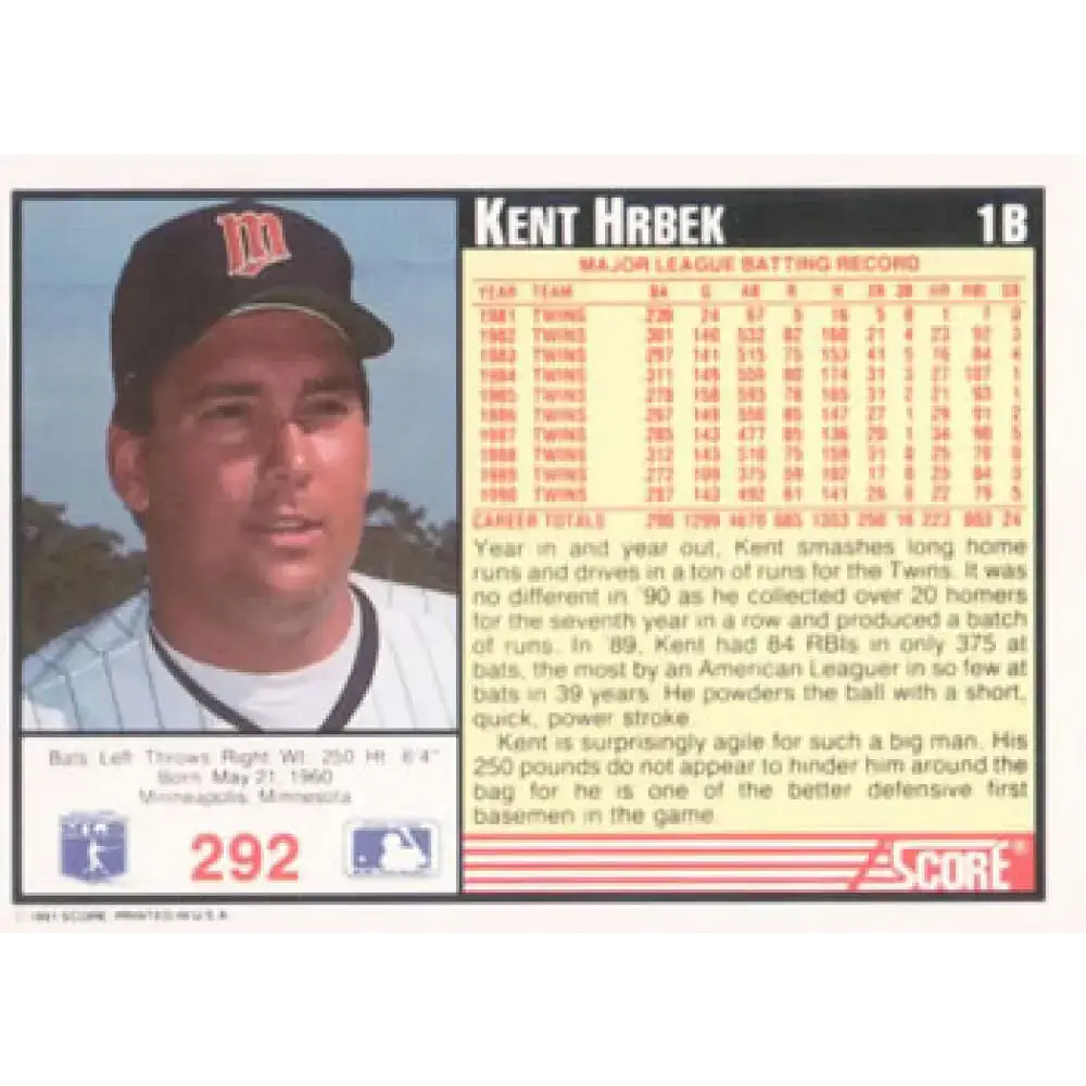 1991 Score #292 Kent Hrbek NM-MT Minnesota Twins Baseball Card - Baseball Card Single