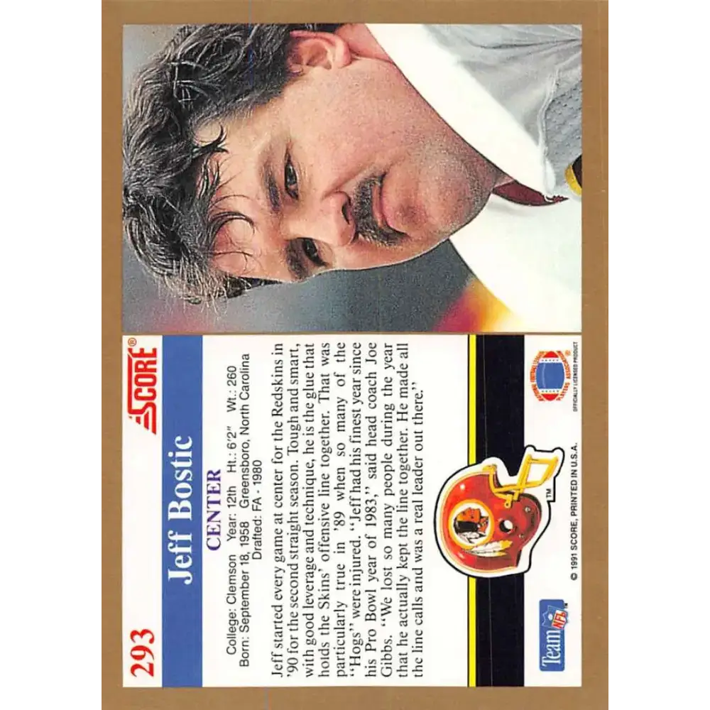 1991 Score #293 Jeff Bostic EX Excellent Washington Redskins Football Card - Football Card Single