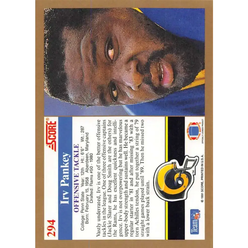 1991 Score #294 Irv Pankey EX Excellent Los Angeles Rams Football Card - Football Card Single