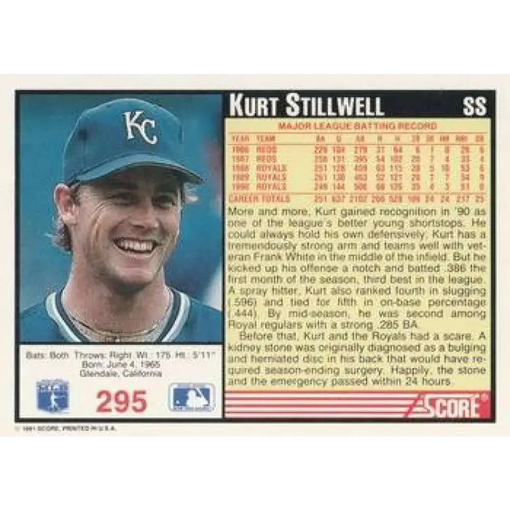 1991 Score #295 Kurt Stillwell NM-MT Kansas City Royals Baseball Card - Baseball Card Single