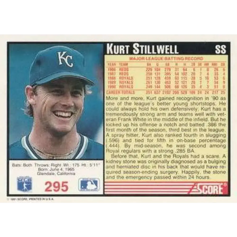 1991 Score #295 Kurt Stillwell NM-MT Kansas City Royals Baseball Card - Baseball Card Single