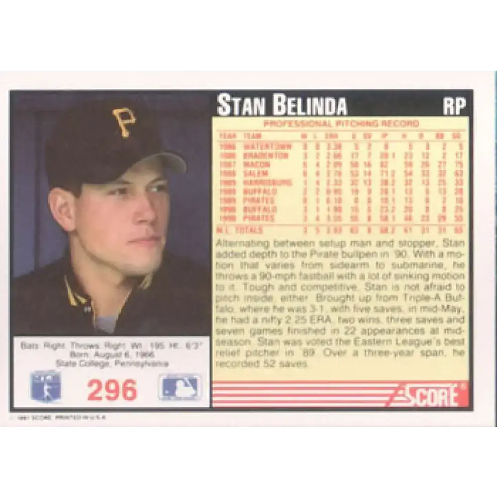 1991 Score #296 Stan Belinda NM-MT Pittsburgh Pirates Baseball Card - Baseball Card Single