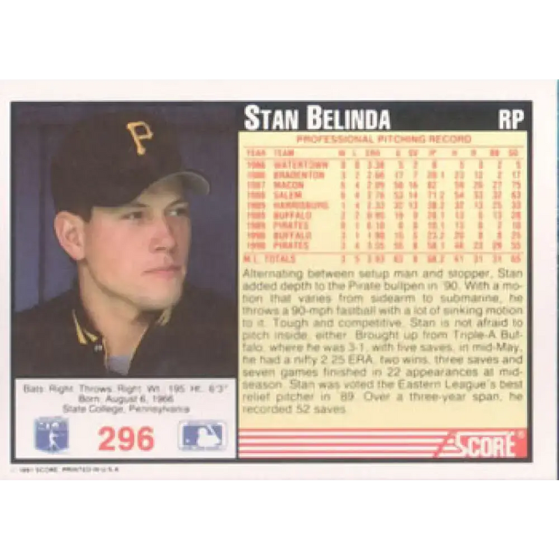 1991 Score #296 Stan Belinda NM-MT Pittsburgh Pirates Baseball Card - Baseball Card Single