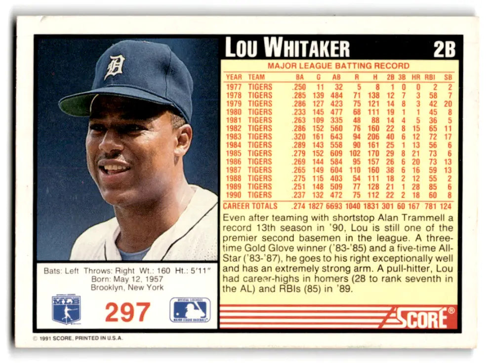 1991 Score #297 Lou Whitaker EX Excellent Tigers ID:70089 - Baseball Card Single