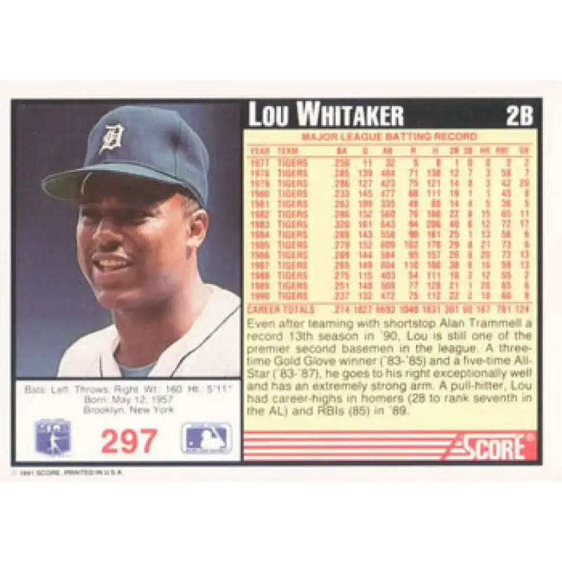 1991 Score #297 Lou Whitaker NM-MT Detroit Tigers Baseball Card - Baseball Card Single