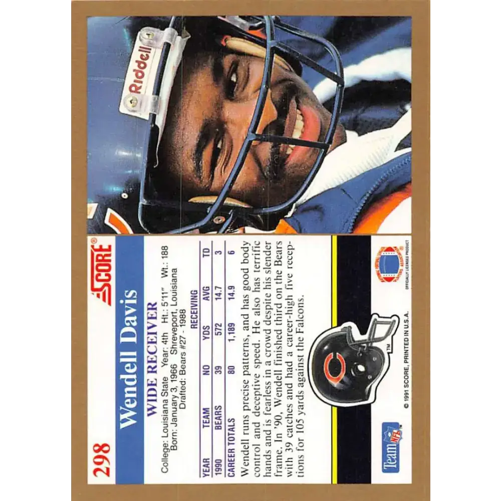 1991 Score #298 Wendell Davis EX Excellent Chicago Bears Football Card - Football Card Single
