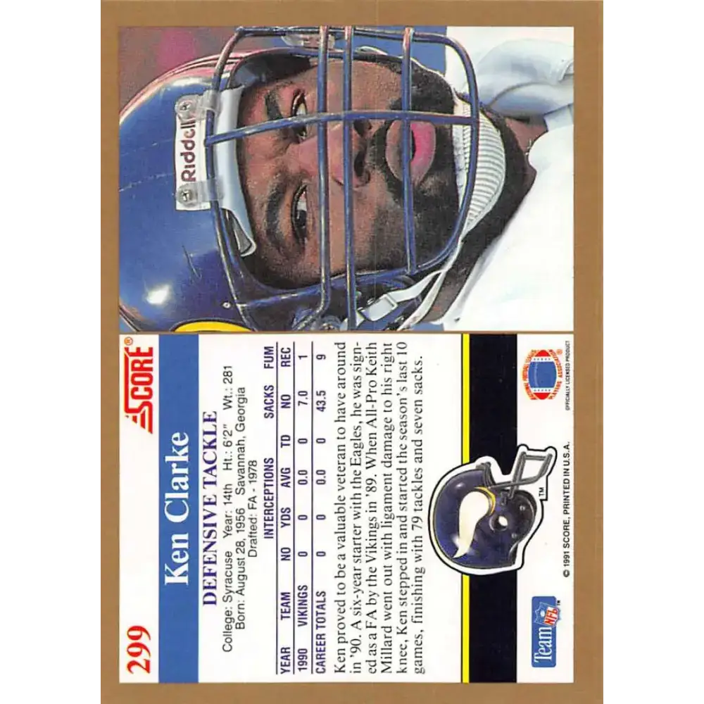 1991 Score #299 Ken Clarke EX Excellent Minnesota Vikings Football Card - Football Card Single