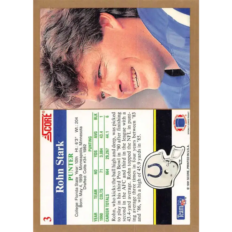 1991 Score #3 Rohn Stark EX Excellent Indianapolis Colts Football Card - Football Card Single