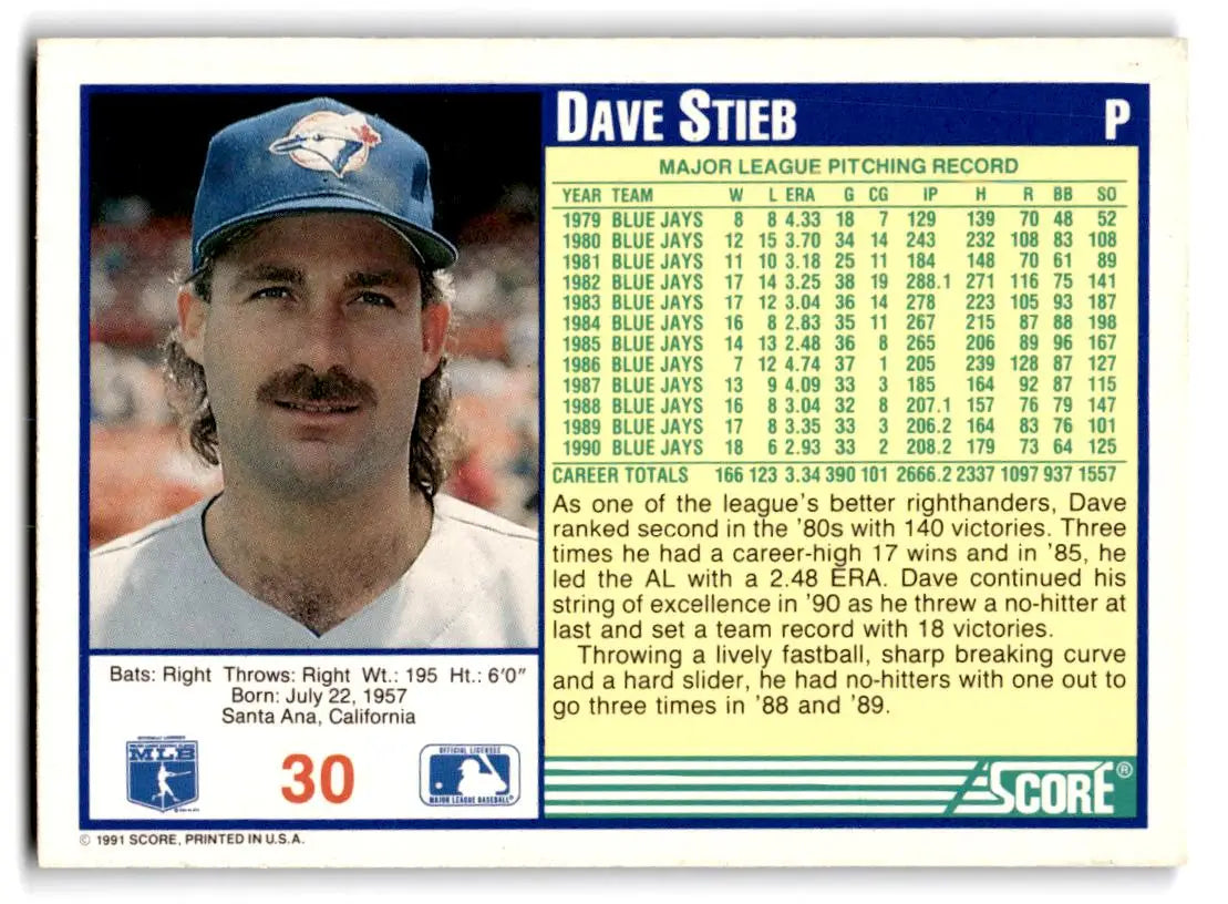 1991 Score #30 Dave Stieb - Baseball Card Single