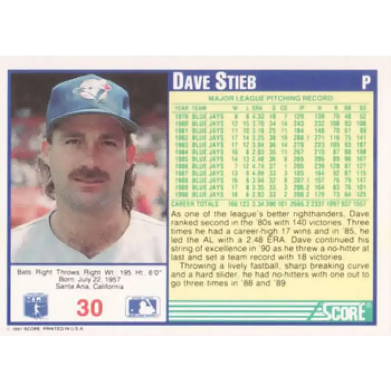 1991 Score #30 Dave Stieb UER NM-MT Toronto Blue Jays Baseball Card - Baseball Card Single