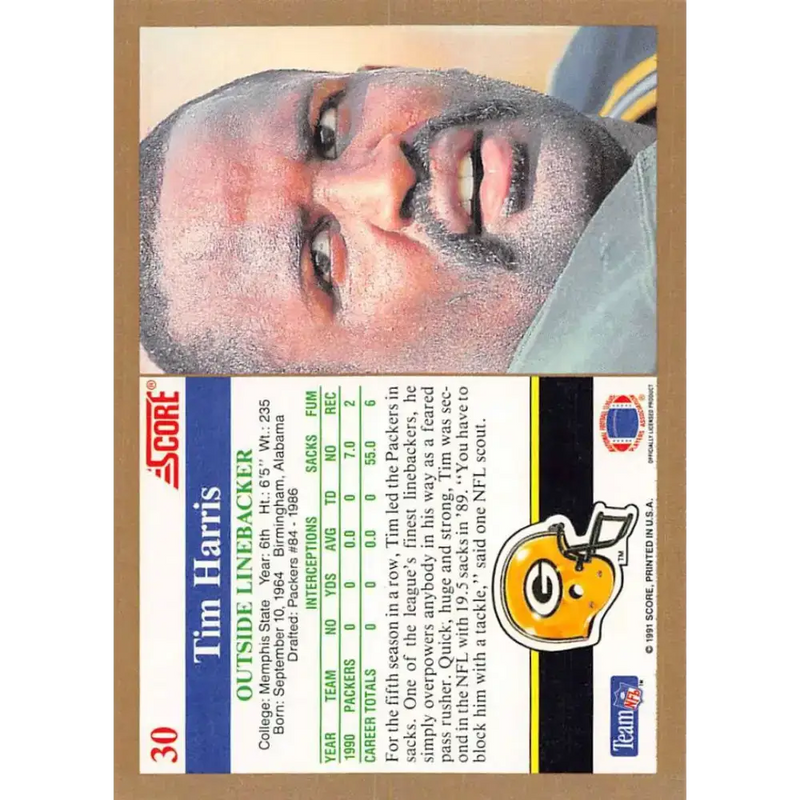 1991 Score #30 Tim Harris EX Excellent Green Bay Packers Football Card - Football Card Single