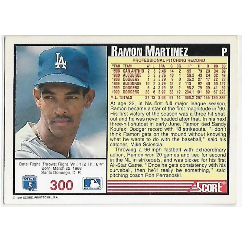 1991 Score #300 Ramon Martinez NM-MT Los Angeles Dodgers Baseball Card - Baseball Card Single