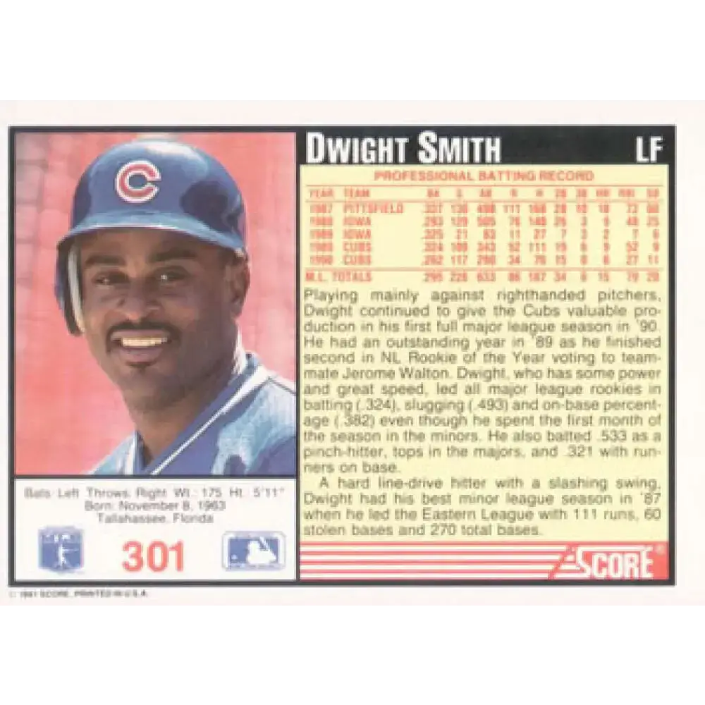 1991 Score #301 Dwight Smith NM-MT Chicago Cubs Baseball Card - Baseball Card Single