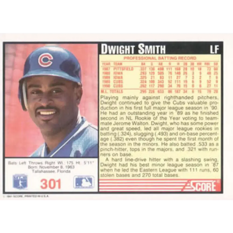 1991 Score #301 Dwight Smith NM-MT Chicago Cubs Baseball Card - Baseball Card Single