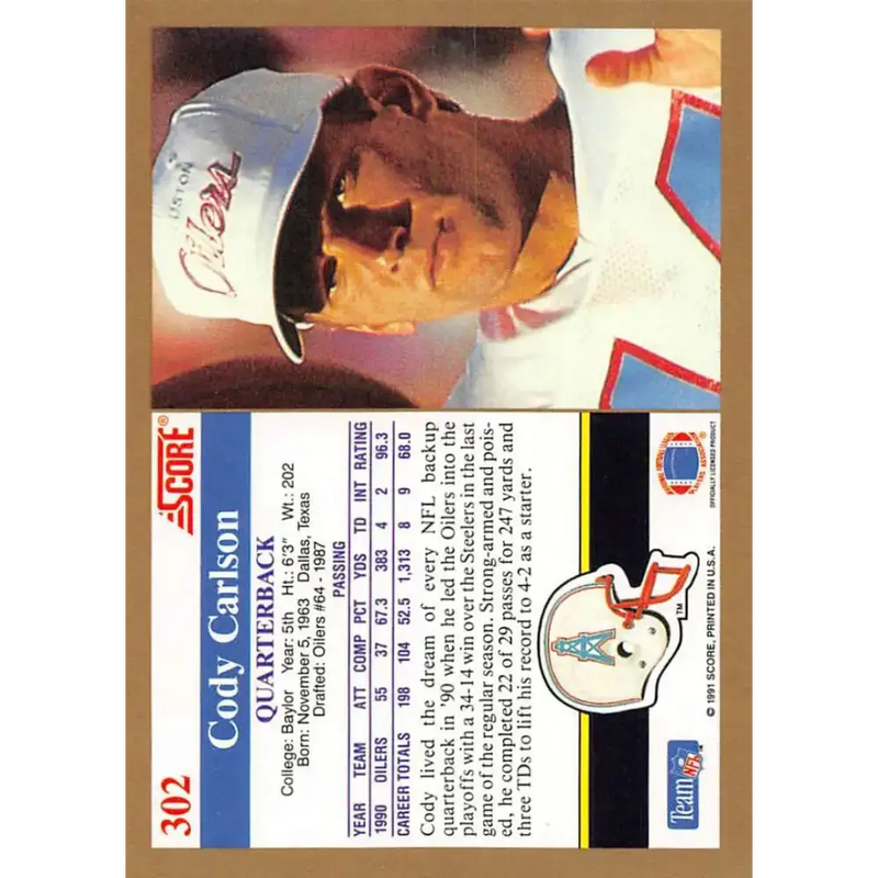 1991 Score #302 Cody Carlson EX Excellent RC Rookie Houston Oilers Football Card - Football Card Single