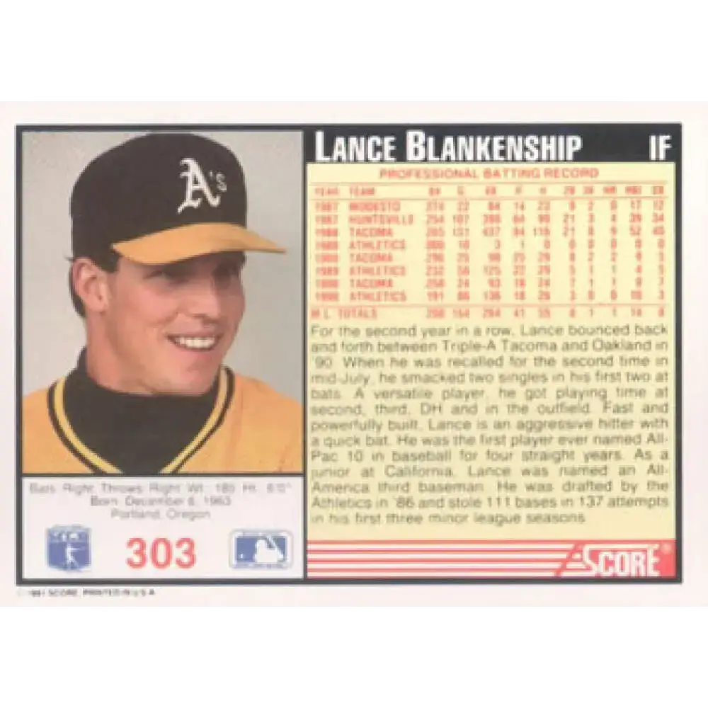 1991 Score #303 Lance Blankenship NM-MT Oakland Athletics Baseball Card - Baseball Card Single