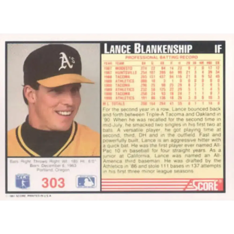 1991 Score #303 Lance Blankenship NM-MT Oakland Athletics Baseball Card - Baseball Card Single