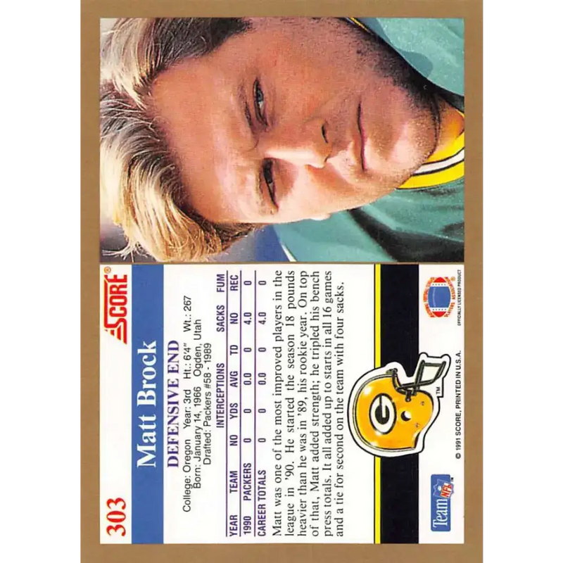 1991 Score #303 Matt Brock EX Excellent RC Rookie Green Bay Packers Football Card - Football Card Single