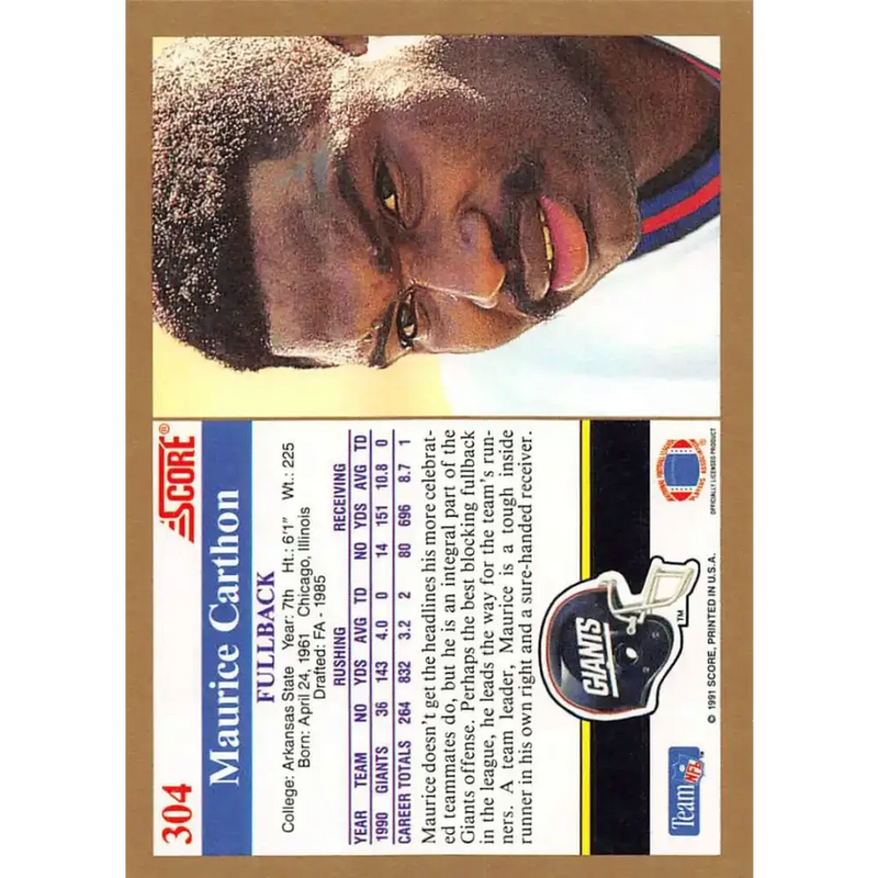 1991 Score #304 Maurice Carthon EX Excellent New York Giants Football Card - Football Card Single