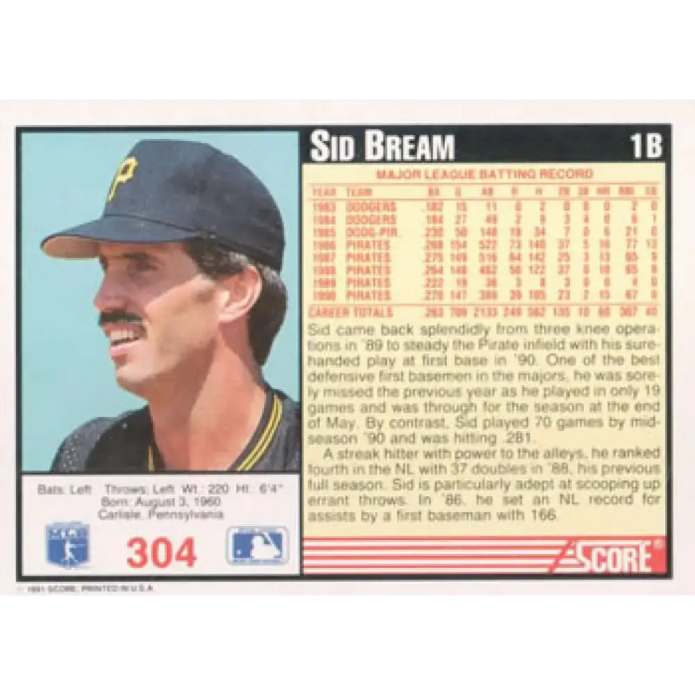 1991 Score #304 Sid Bream NM-MT Pittsburgh Pirates Baseball Card - Baseball Card Single