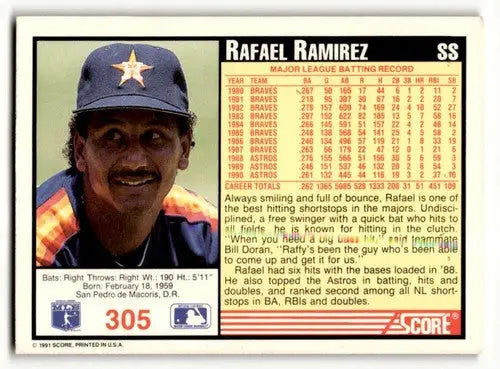 Original gloss Rafael Ramirez Houston baseball card from 1991 Score #305 Ramírez Houston Astros