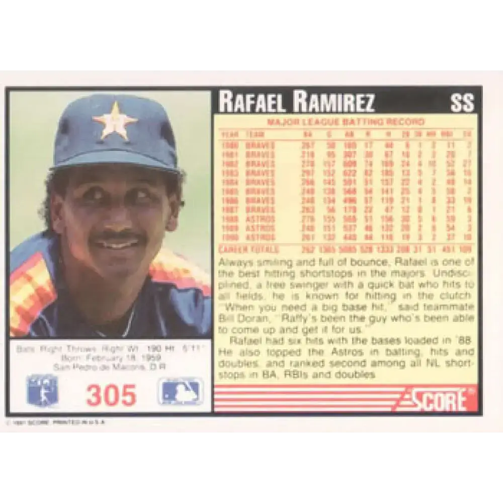 1991 Score #305 Rafael Ramirez NM-MT Houston Astros Baseball Card - Baseball Card Single