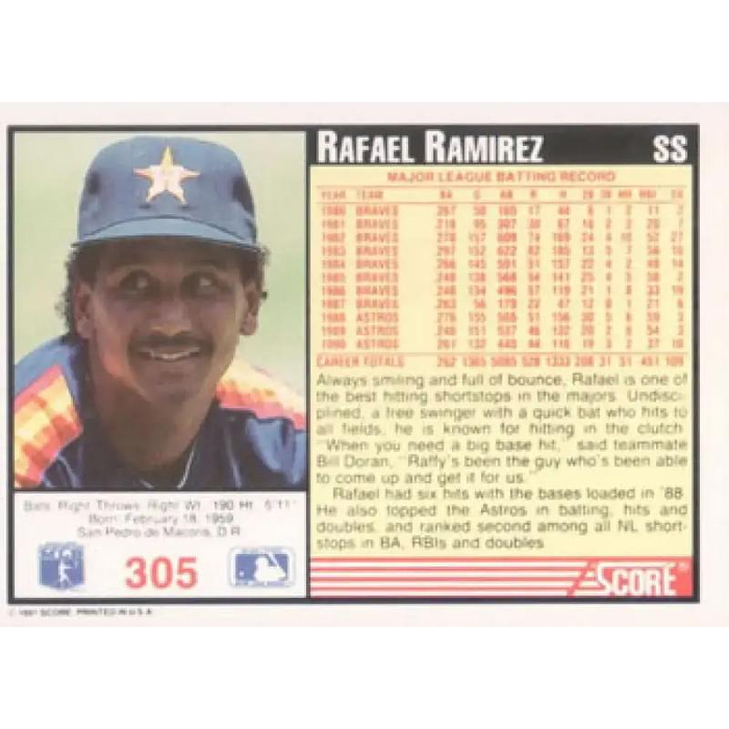 1991 Score #305 Rafael Ramirez NM-MT Houston Astros Baseball Card - Baseball Card Single