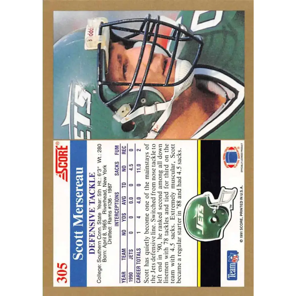 1991 Score #305 Scott Mersereau EX Excellent RC Rookie New York Jets Football Card - Football Card Single