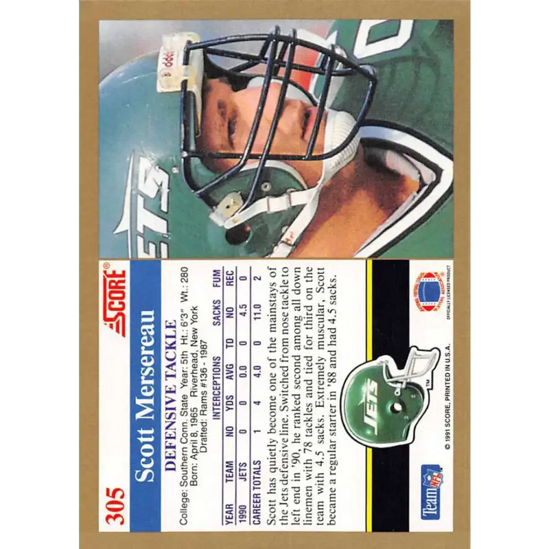 1991 Score #305 Scott Mersereau EX Excellent RC Rookie New York Jets Football Card - Football Card Single