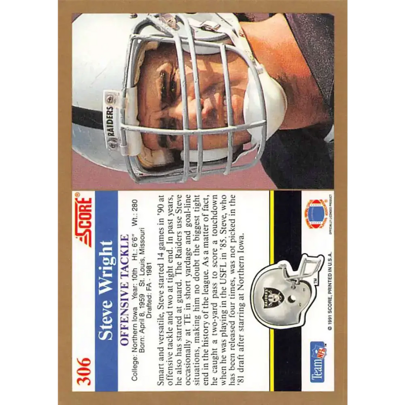 1991 Score #306 Steve Wright EX Excellent RC Rookie Los Angeles Raiders Football Card - Football Card Single