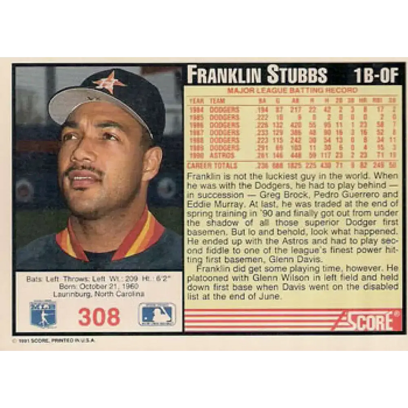 1991 Score #308 Franklin Stubbs NM-MT Houston Astros Baseball Card - Baseball Card Single