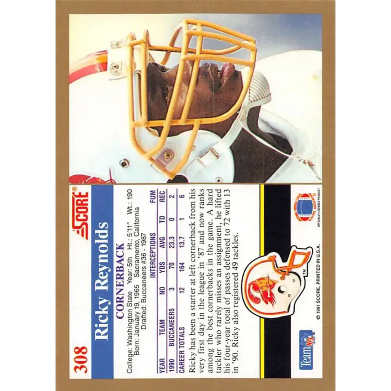 1991 Score #308 Ricky Reynolds EX Excellent Tampa Bay Buccaneers Football Card - Football Card Single