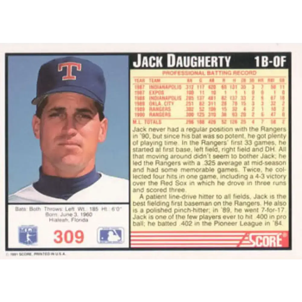 1991 Score #309 Jack Daugherty UER NM-MT Texas Rangers Baseball Card - Baseball Card Single