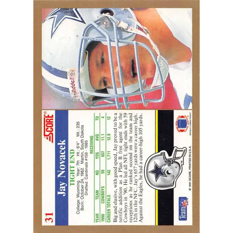 1991 Score #31 Jay Novacek EX Excellent Dallas Cowboys Football Card - Football Card Single