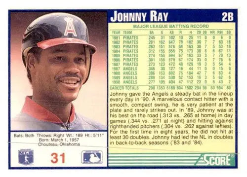 Original gloss Johnny Ray baseball card from 1991 Score #31 featuring Simply Sandoval
