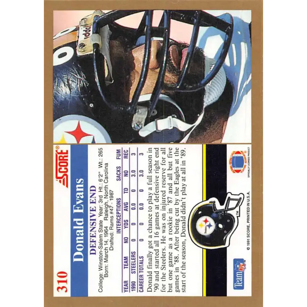 1991 Score #310 Donald Evans EX Excellent Pittsburgh Steelers Football Card - Football Card Single