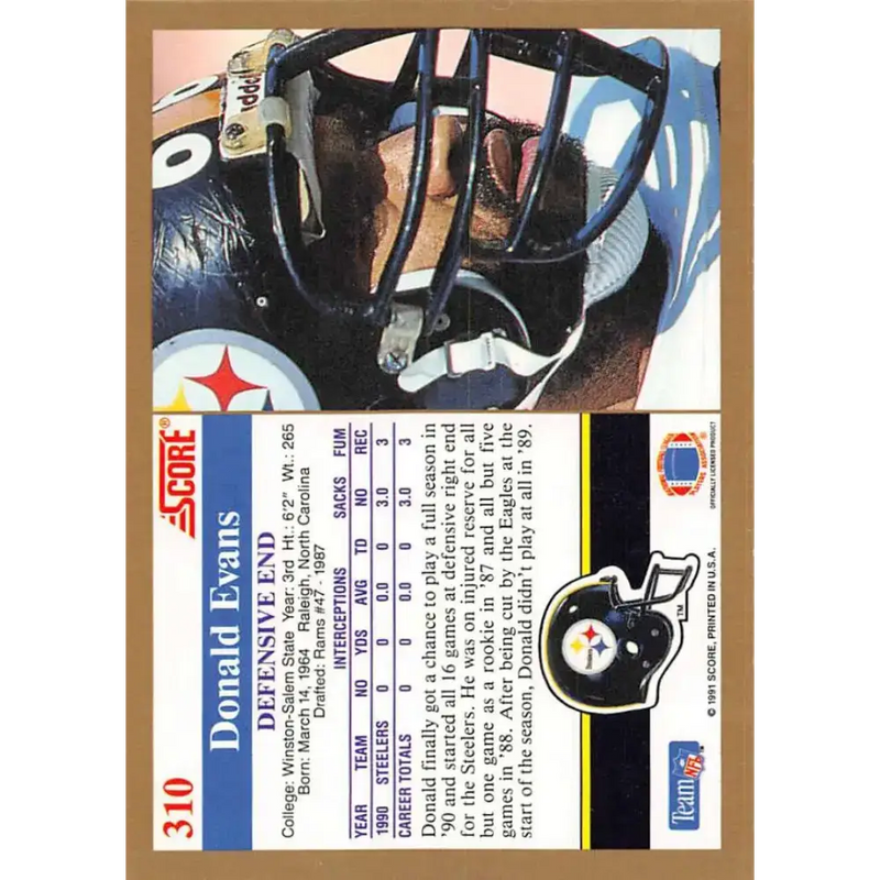 1991 Score #310 Donald Evans EX Excellent Pittsburgh Steelers Football Card - Football Card Single