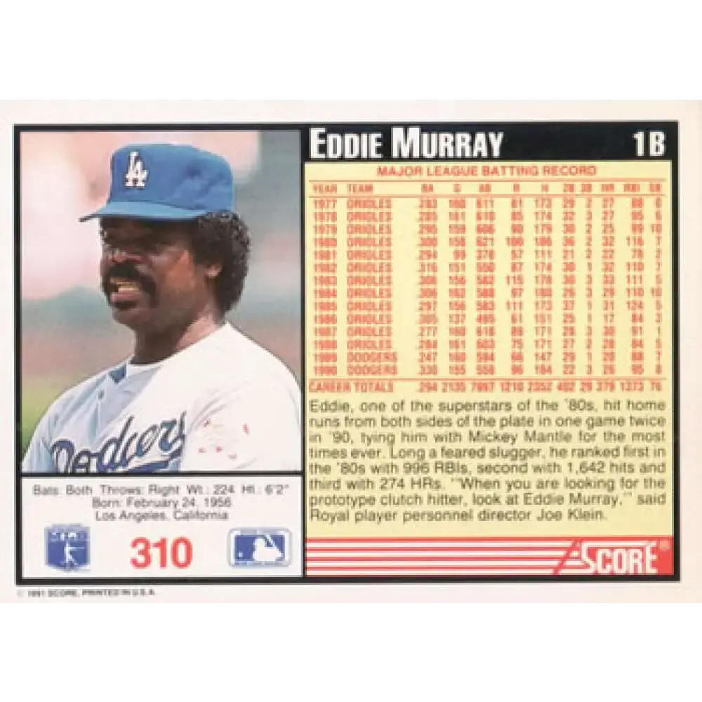 1991 Score #310 Eddie Murray NM-MT Los Angeles Dodgers Baseball Card - Baseball Card Single