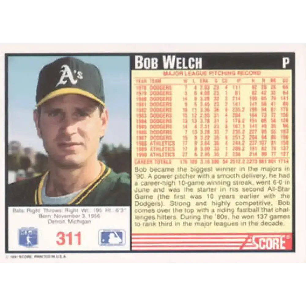 1991 Score #311 Bob Welch NM-MT Oakland Athletics Baseball Card - Baseball Card Single