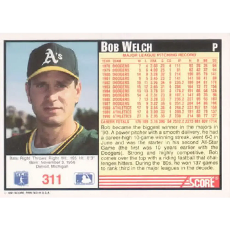 1991 Score #311 Bob Welch NM-MT Oakland Athletics Baseball Card - Baseball Card Single