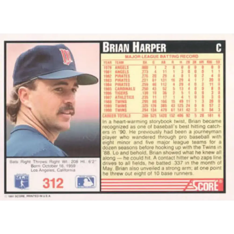 1991 Score #312 Brian Harper NM-MT Minnesota Twins Baseball Card - Baseball Card Single