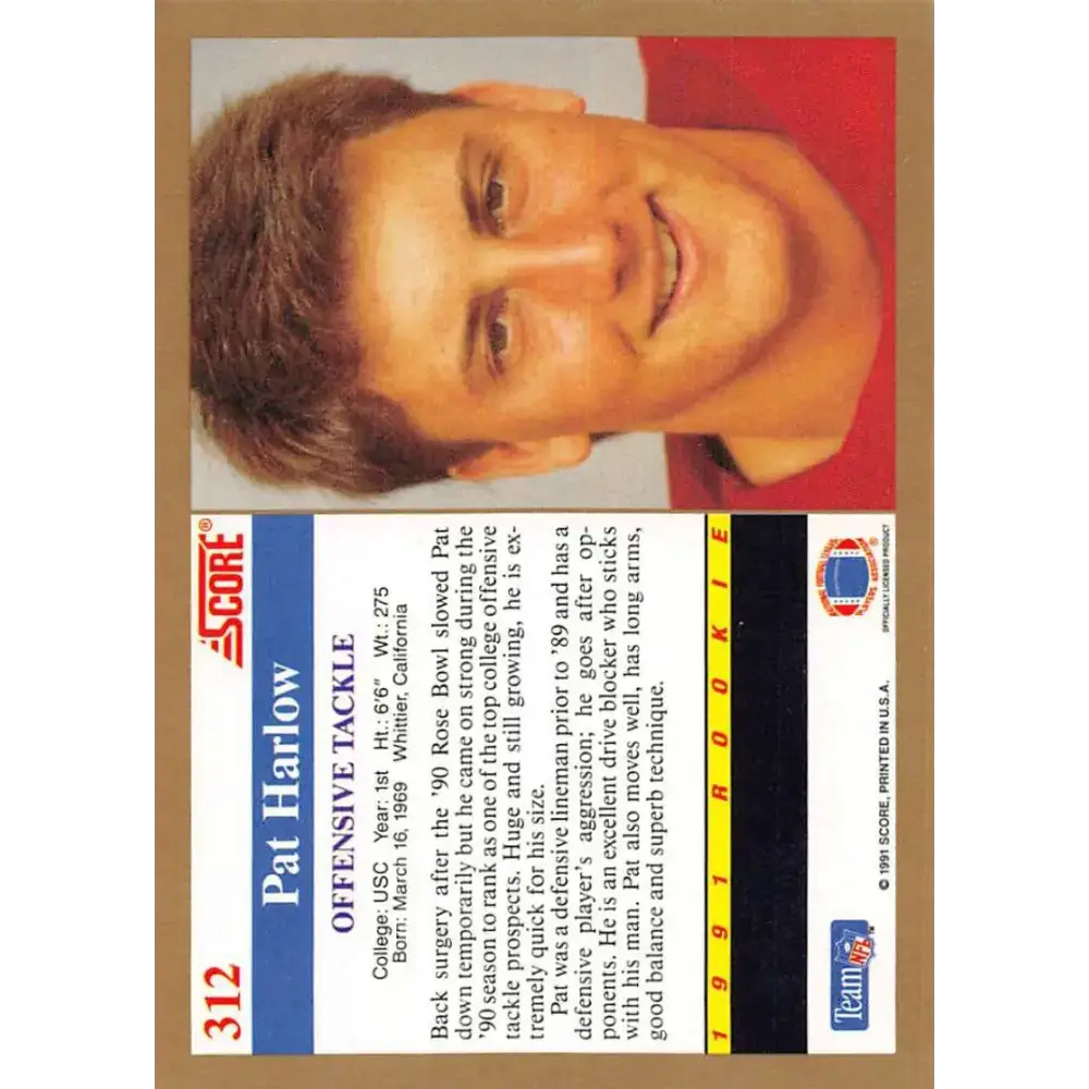 1991 Score #312 Pat Harlow EX Excellent RC Rookie USC Trojans Football Card - Football Card Single