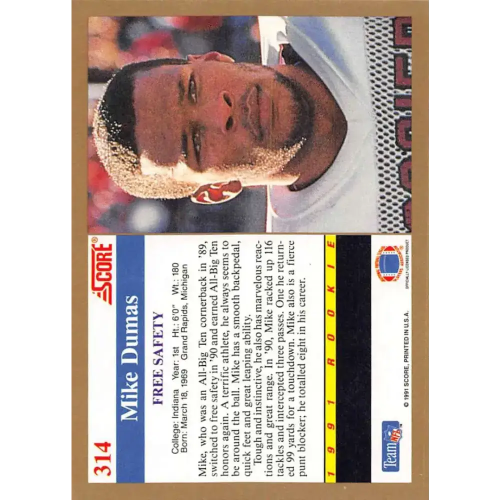 1991 Score #314 Mike Dumas EX Excellent RC Rookie Indiana Hoosiers Football Card - Football Card Single