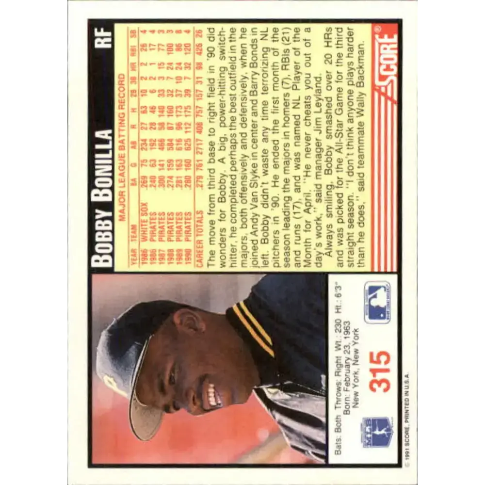 1991 Score #315 Bobby Bonilla NM-MT Pittsburgh Pirates Baseball Card - Baseball Card Single