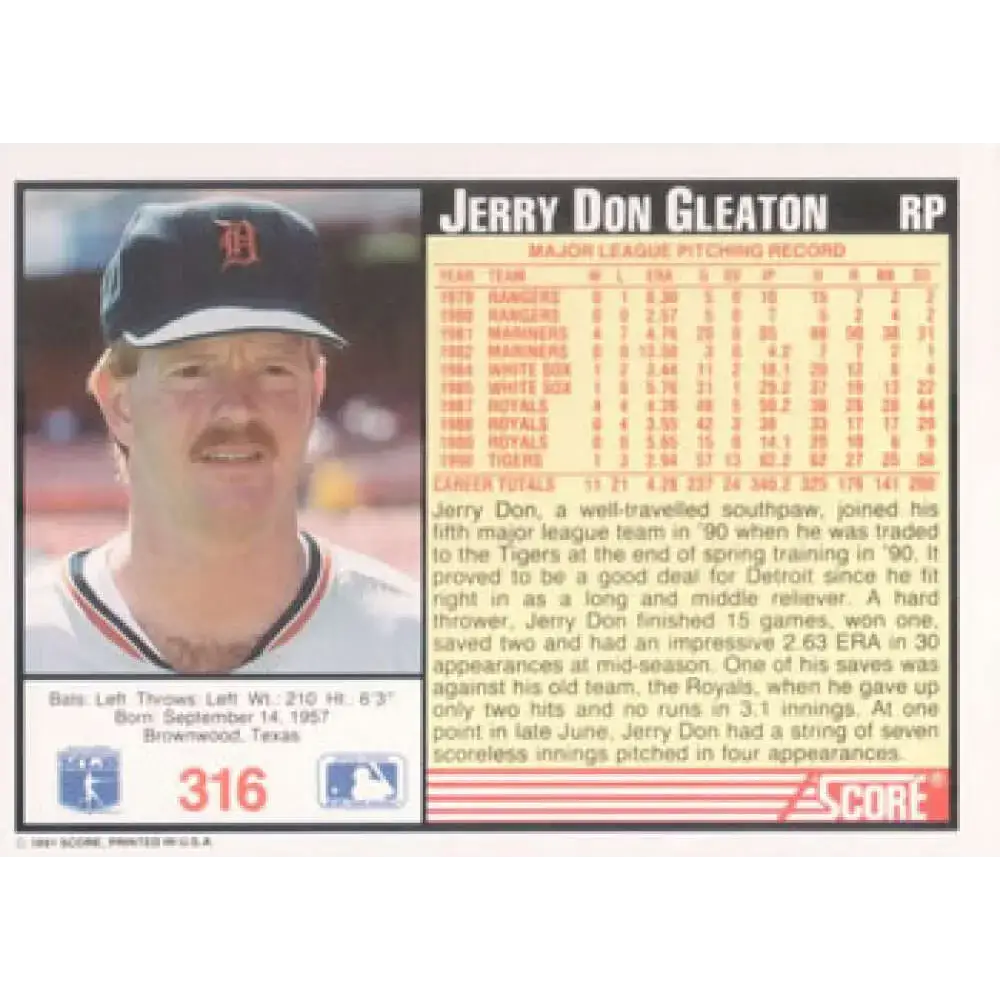 1991 Score #316 Jerry Don Gleaton NM-MT Detroit Tigers Baseball Card - Baseball Card Single